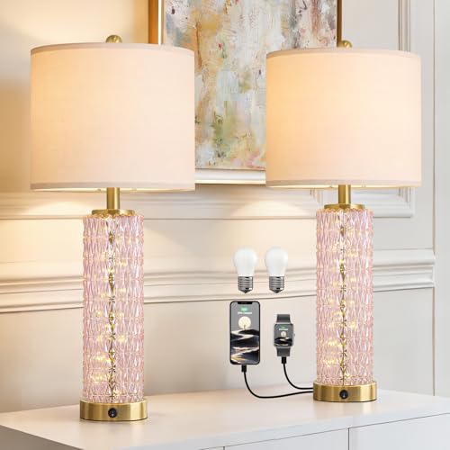 Oneach 27.75 Modern Table Lamps Set of 2 Pink Bedside Lamp with Class Nightlight USB A+C Unique Desk Lamps for Living Room Bedroom Nightstand End Table (2 Bulbs Included)