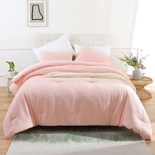 Weigelia Pink Queen Comforter Set Cotton Blush Pink Waffle Comforter Set With 2 Pillowcases Soft Reversible Bed Comforter Queen Size Cute Comforter Sets For Women Girl All Season #TOP1