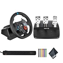 Logitech G G29 Driving Force Racing Wheel and Floor Pedals, Real Force Feedback, Stainless Steel Paddle Shifters 941-000110 Bundle Including Surge Protector, Cable Ties, Electronics Basket Cloth
