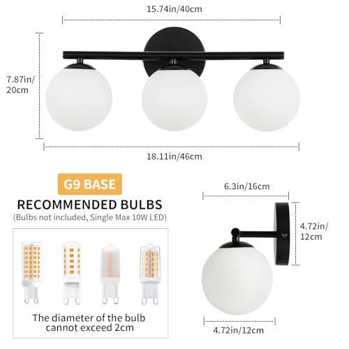 foucasal Black Globe Bathroom Light Fixtures 3-Light Vanity Light with Plastic Milk White Globe Shades Wall Sconce Vanity Lights for Bathroom Bedroom Hallway (Black, 18.11, Inches) by foucasal - Image 2