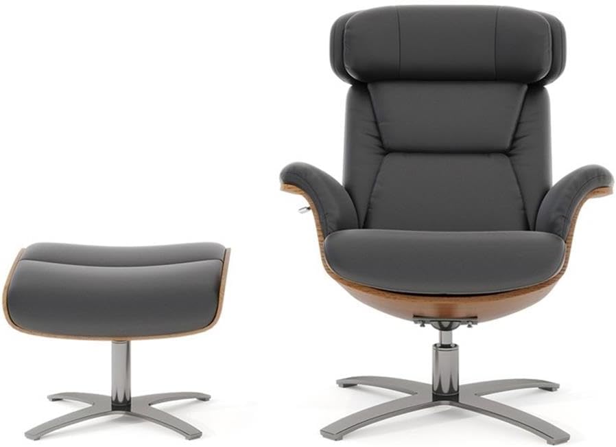 Pemberly Row Genuine Leather Recliner Lounge Chair Ottoman Set, Brown Upholstery, Bentwood Frame, Adjustable Headrest, Ergonomic Design for Living Room, Office, or Den