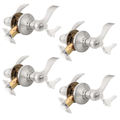 KNOBWELL 4 Pack Entrance Door Handleset Keyed Entry Front Door Levers with Lock and Key Brushed Nickel Exterior Door Handles(Same Key) by KNOBWELL - Used condition - US$39.93