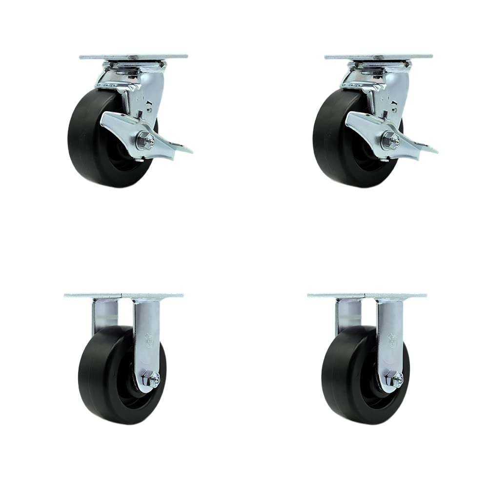 Stainless Steel Heavy Duty Swivel Caster Set of 4 with 5 Inch Polyolefin Wheels and Ball Bearings - Includes 2 Swivel with Brakes and 2 Rigid - 2,600 lbs. Total Capacity - Service Caster Brand