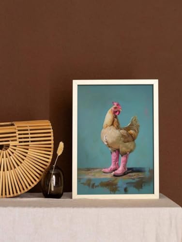 Affiche murale amusante poulet rose en bottes de cowboy pour salon chic