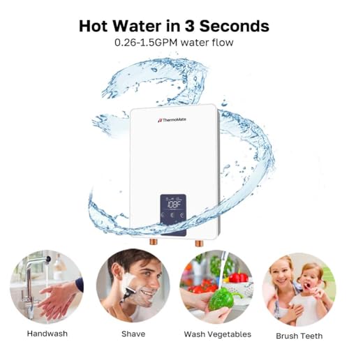 Tankless Water Heater Electric for Sink Washing, ThermoMate 6000W 208~240V Small Point of Use Instant Hot Water Heater with Temperature Display, Self-modulating, 1.07GPM at 35°F Rise