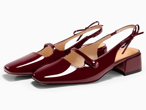 Image of Coutgo Womens Mary Jane Shoes Slingback Chunky Low Heels Bow Closed Square Toe Pumps Wedding Party Dress Shoes