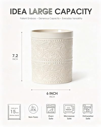 Image of FUN ELEMENTS Kitchen Utensil Holder, 7.2 inch Super Large Utensil Crock Heavy and Stable Lace Emboss Ceramic Utensil Holder for Kitchen Counter (Lace Emboss)