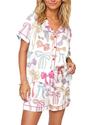 Image of VKEGNIO Womens Pajamas Set Short Sleeve Button-Down 2 Piece PJ Set Lounge Sleepwear Cute Graphic Tees PJ Set