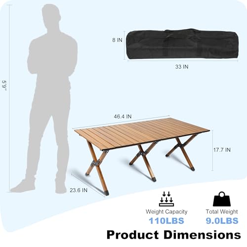 NLDD 4ft Aluminum Camping Table with Bag, Lightweight Camp Table That Fold Up, Portable Low Table for Sitting on The Floor, Foldable Roll Up Picnic Table for Outdoor, Beach, Backyard