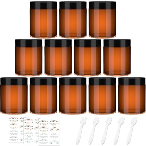 12 Pack 8 oz Amber Round Glass Jars, 240 g Empty Cosmetic Containers with Inner Liners, Black Plastics Lids Glass Jars with Lables for Cosmetics, Face Cream, Lotion, Ointments and DIY Candle