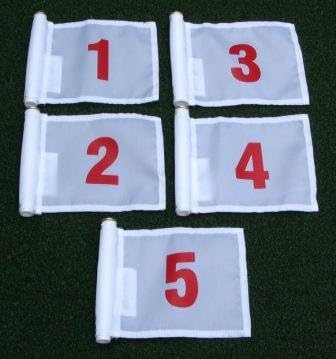 Set of Red Numbered #1, #2, #3, #4, and #5 each printed on a solid White Jr. (8" L x 6" H) 400 Denier Pin Marker Flag For Golf & Putting Green Applications