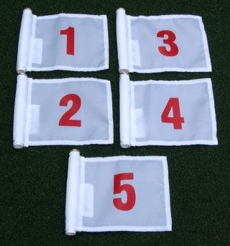 Set Of Red Numbered #1, 2, 3, 4, And #5 Each Printed On A Solid White Jr. (8" L X 6" H) 400 Denier Pin Marker Flag For Golf & Putting Green Applications #TOP22