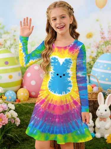 Image of Ithalt Girls Easter Dress Bunny Print Shirts Easter Long Sleeve Dresses Litter Girls Christian Easter Gifts 5-12y
