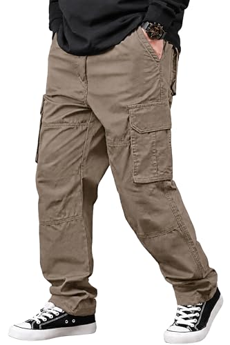 Image of Men's Cotton Cargo Pants for Men | Relaxed Loose Fit Drawstring Waist Cargo Trousers | Multi Pocket Casual Utility Pants for Outdoor, Travel