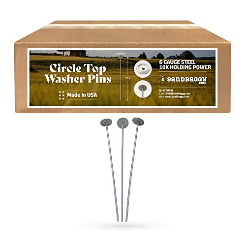 Sandbaggy 12-inch Circle Top Pins - Landscape Staples (Made in The USA) - Garden Stakes for Landscaping, SOD, Weed Barrier Fabric - Heavy Duty Ground Stakes, Lawn Turf Spikes, Decorations (100 Pins)