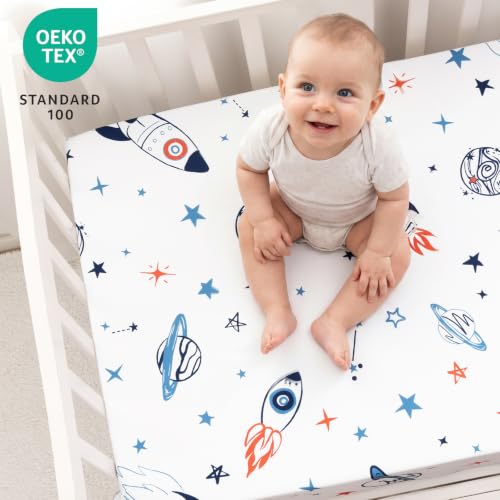 Image of david's kids 3 Pack Fitted Crib Sheets, Ultra Soft Breathable Comfortable Baby Sheet Set for Boys Girls Neutral, 28x52 Inch Fits Standard Crib and Toddler Mattresses, Space