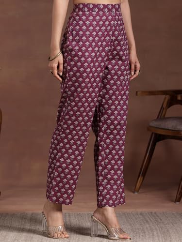 Image of Libas Burgundy Printed Cotton Blend Straight Kurta set for Women | daily wear suit