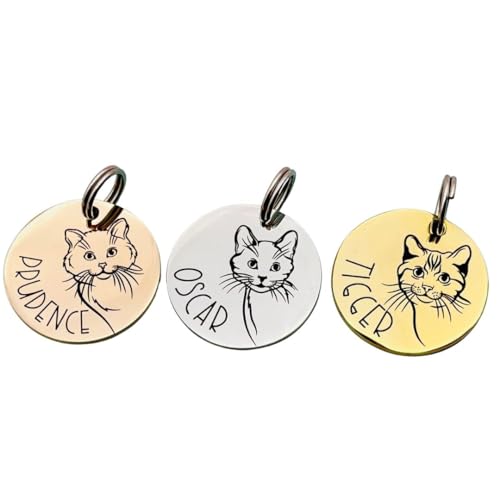 Personalised Cat ID Tag Stainless Steel – Engraved Cat Name & Contact Details – Cute Cat Face Design – Custom Cat Collar Tag in Silver, Gold or Rose Gold