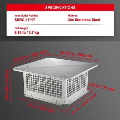 Happybuy Chimney Cap 17x17 inch, 304 Stainless Steel Fireplace Cover, Durable & Easy Installation for Mesh Flue Covers, Silver