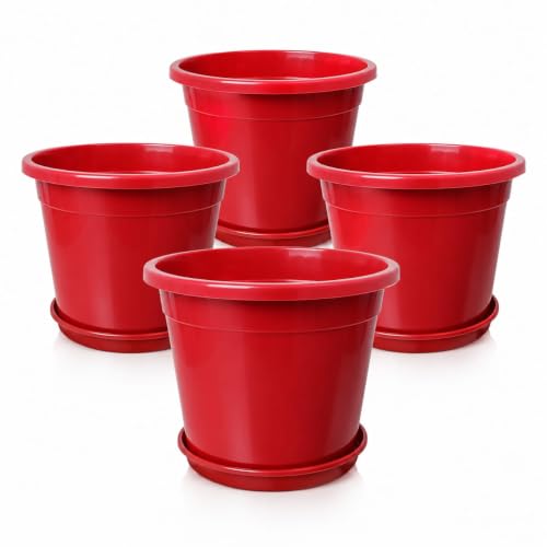 Image of 12 Inch Glossy Red Plastic Planter with Bottom Plate | Heavy Duty Flower Pot with Tray for Indoor Home Decor, Balcony, Living Room & Outdoor Garden (4 Pot, Red)