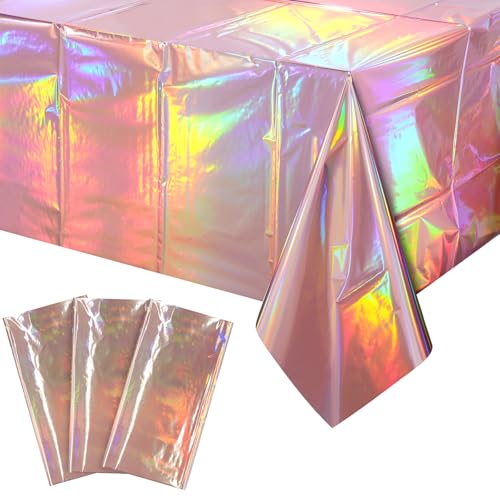 Image of 3 Pack Rose Gold Plastic Tablecloth, Disposable Rectangle Table Covers, Holographic Metallic Foil Tablecloth Pink Party Supplies Decorations for Birthday Wedding Anniversary Bridal Shower, 54x108Inch