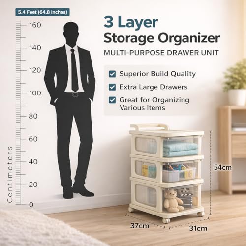 Image of KITCHIVO Heavy Duty Plastic Storage Drawer with Wheels | Modular Cabinet for Bedroom, Office, Home or Classroom| Chest of Drawers Organiser for Cosmetics, Kitchen items, Toys (White, 3)