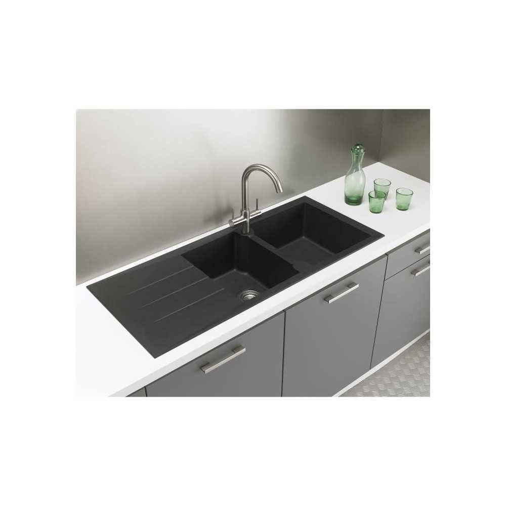 Evier cuisine a encastrer 2 bacs + 1 égouttoir Aloa - Résine - 116 x 50 cm - Noir