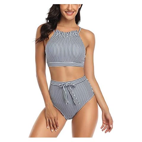 DEARAIMILI Women Stripe Two Piece Swimsuit Bow High Waist Bikini Blue Cover