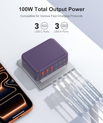 Image of Fast Charger Block, GaN 6 Port USB C Charging Station Hub Cube, 100W Multiport Type C Wall Charger Power Strip Plug with PD 3.0+QC for iPhone 16 15 14 13 12 1 Pro Max XR XS 8 7, Samsung, iPad, Table