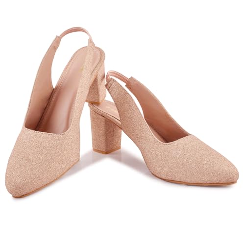 Image of Classic Closed Pointed Toe Mid Block Thick Heel Slingback Pumps for Women Signora104| Glitter Fabric Dress Shoes | Wedding Party | Evening Trendy Signora104