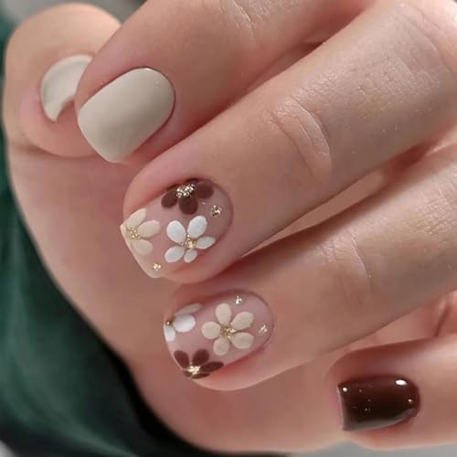 White and Light Brown False Nails, Short Square Nails Floral Deco...