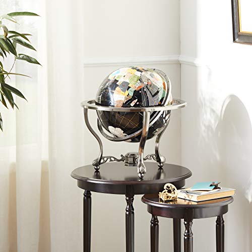 Unique Art 21-Inch Tall Black Onyx Ocean Table Top Gemstone World Globe With Silver Tripod #TOP6