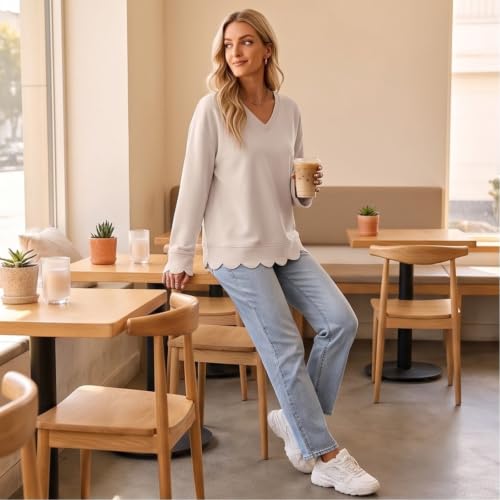 Womens Oversized Sweatshirt Fall Scallop Vneck Y2K Tunic Sweatshirt - image 2