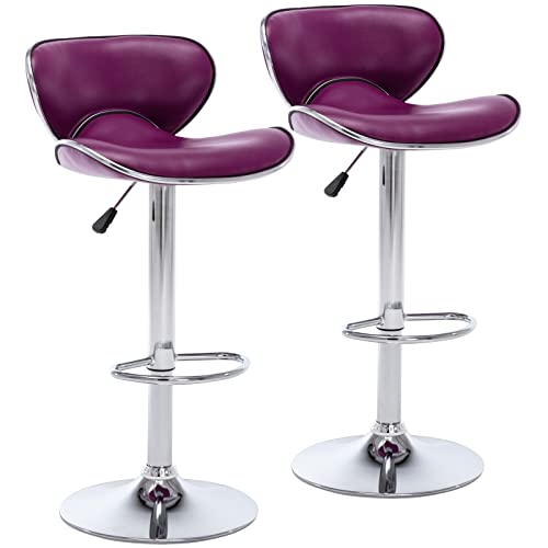 Vogue Furniture Direct PU Leather Adjustable Bar Stools, Modern Swivel Airlift Barstools with Back, Armless Counter Height Chairs for Kitchen Dining Pub Cafe Set of 2 (Purple)