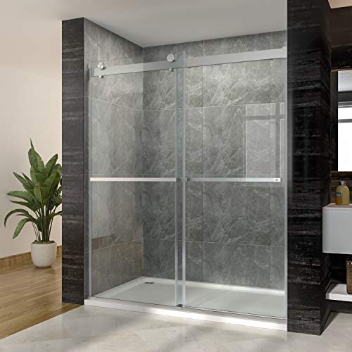 Sunny Shower Door Frameless Sliding Shower Doors 60 In. W X 72 In. H,3/8" Clear Tempered Glass Shower Enclosure With Square Rail,Brushed Nickel Finish #TOP1