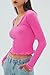 CHYRII Womens Fashion Fall Long Sleeve Tops Ruffled Low Cut Basic Layering Tee Shirts Crop Tops Barbie Pink L
