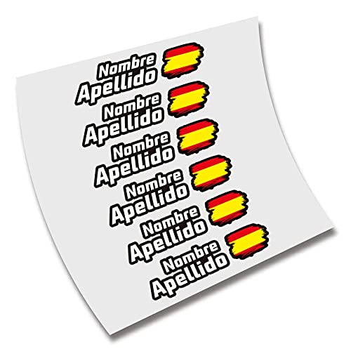 6 PEGATINAS CON NOMBRE PERSONALIZABLE Y BANDERA VINILO CASCO BTT BICICLETA MOTO (M)