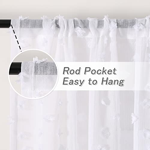 MYSKY HOME Pom Pom White Sheer Curtains for Bedroom Girls Room Curtains 84 Inches Long for Nursery Kids Light Filtering Boho Window Drapes, Rod Pocket, 52" Wide, 2 Panels