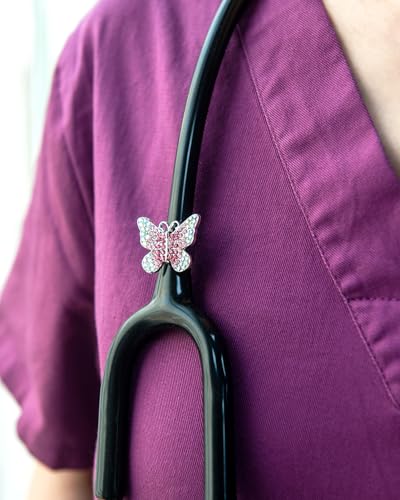 HEYGOO 2 Pack AB Pink Butterfly Bling Stethoscope Charms, Stethoscope Id Name Tag for Doctor Nurse Christmas Gift