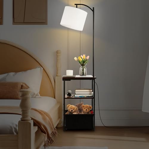 Image of Qupui Floor Lamp with Table, USB Charging, Fabric Basket, Brown