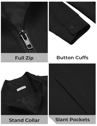 Image of COOFANDY Men Summer Breathable Jacket Light Weight Zippered Jacket Stand Collar Cotton Casual Jacket Black