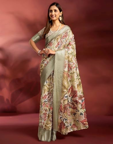 Image of SIRIL Women's Dola Silk Printed Jacquard Border Ready To Wear Saree with Unstitched Blouse Piece
