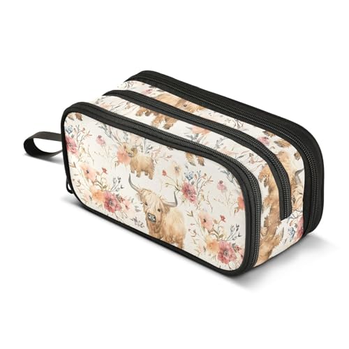 Image of Cute Highland Cows Flowers Pencil Case Box Boys Girls Large Pencil Pouch with Zipper Compartments Big Capacity Stationery Pen Bag Organizer for Kids Teens Adults School