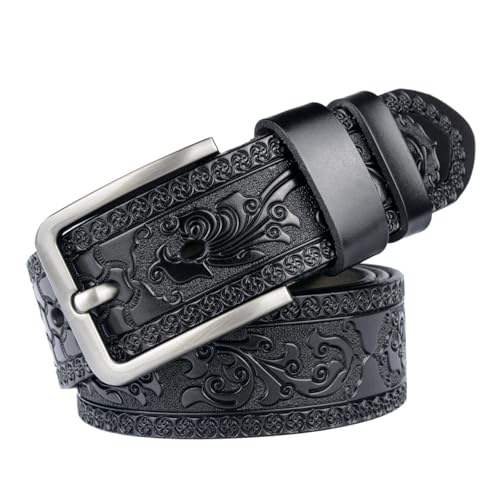 KuRkur Leather Belt Men's Leather Ratchet Embossed Belt Adjustable Western Cowboy Waist Strap,Black,Waist:38