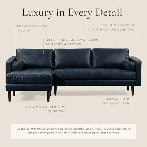 Image of Poly & BARK Napa 104.5 inch Left-Facing Sectional Sofa - Midnight Blue Full-Grain Pure-Aniline Italian Leather, Feather-Down Cushions, Kiln-Dried Solid Wood Frame, Walnut Legs