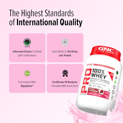 Image of GNC Pro Performance 100% Whey Protein | New Formulation | 24g Protein, 5.7g BCAAs, 12.3g EAAs | Added DigeZyme | Whey Isolate & Concentrate Blend, Low Carb (4.51g), No Added Sugar | Creamy Strawberry, 907g