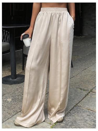 Women's Y2k Lace Baggy Pants Elastic Waist Wide Leg Satin Casual Trousers4