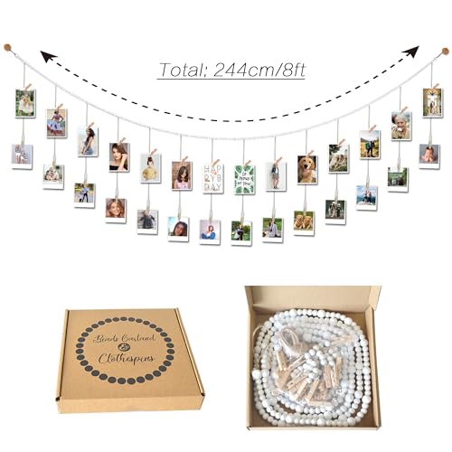 8 Feet Wooden Beads Garland with Clothespins Picture Cards Holder - Country Farmhouse Christmas Nursery Boho Holiday Decorations with Clips by Yudarte - Image 4