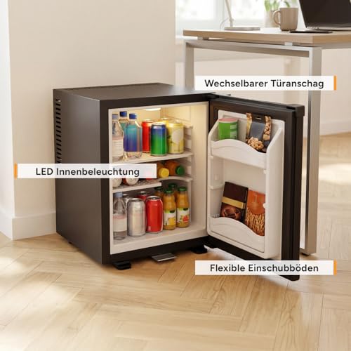TZS First Austria - Mini Kühlschrank 30L komplett lautlos - Kleiner Minikühlschrank, wechselbarer Türanschlag & Innenbeleuchtung - Minibar für Camping, Büro, Schlafzimmer & Hotel - Mattschwarz