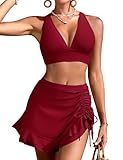 Vijamiy Bikinis Mujer Reductor Cintura Alta con Falda Traje de Baño Mujer Escote en V Sexy Push Up con Relleno Conjunto Playa(Rojo Burdeos,M)